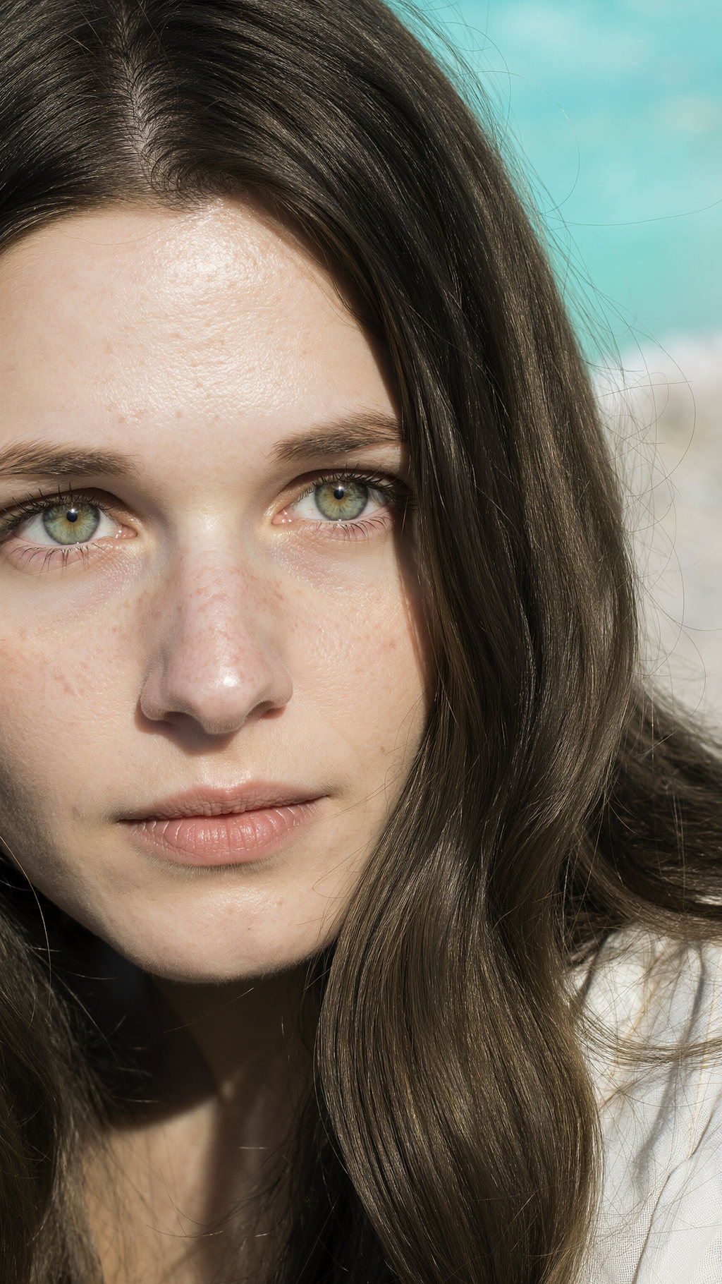 Dewy close-up of Lilyanna's face against a soft turquoise sea, freckles and green-blue eyes in bright daylight.